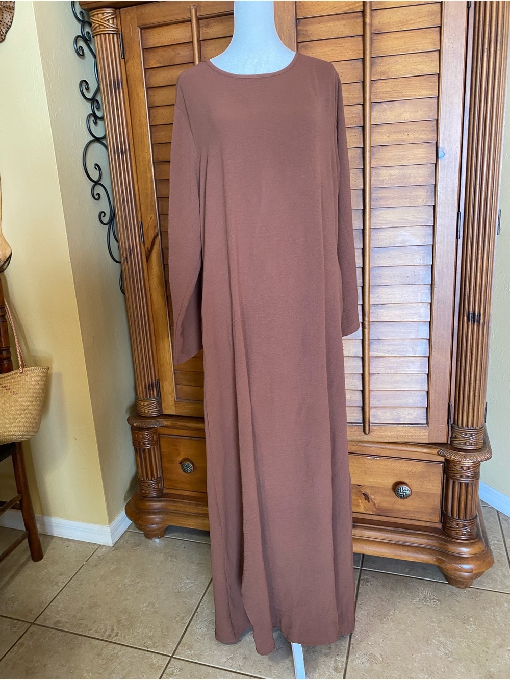 Chocolate Brown Long Sleeve Maxi Dress With Pockets Size XL